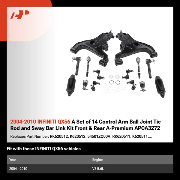 2004-2010 INFINITI QX56 A Set of 14 Control Arm Ball Joint Tie Rod and Sway Bar Link Kit Front & Rear A-Premium APCA3272