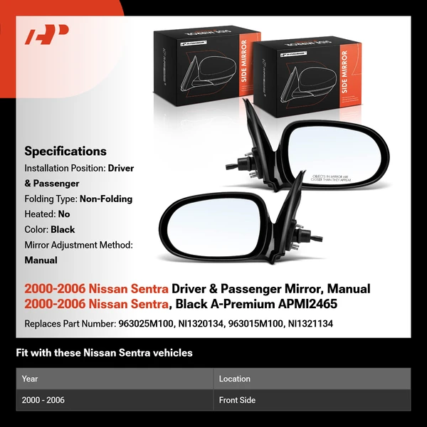 2000-2006 Nissan Sentra Driver & Passenger Mirror, Manual 2000-2006 Nissan Sentra, Black A-Premium APMI2465