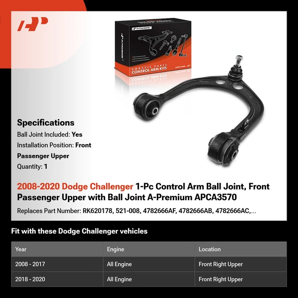 2008-2020 Dodge Challenger 1-Pc Control Arm Ball Joint, Front Passenger Upper with Ball Joint A-Premium APCA3570