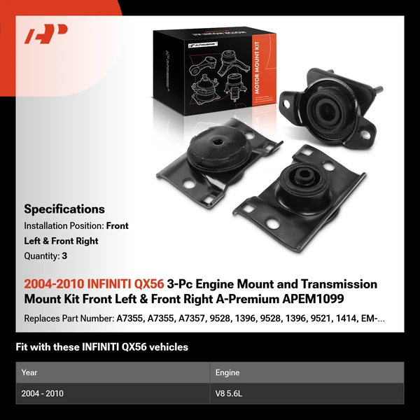 2004-2010 INFINITI QX56 3-Pc Engine Mount and Transmission Mount Kit Front Left & Front Right A-Premium APEM1099