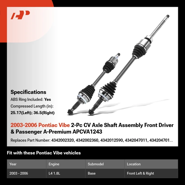 2003-2006 Pontiac Vibe 2-Pc CV Axle Shaft Assembly Front Driver & Passenger A-Premium APCVA1243
