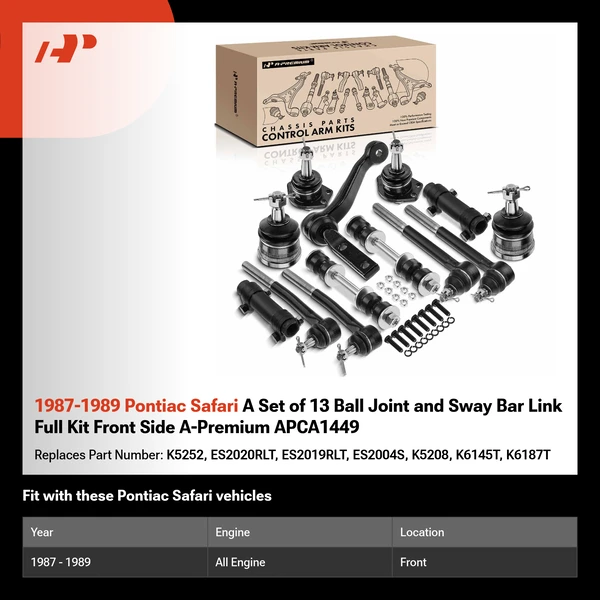 1987-1989 Pontiac Safari A Set of 13 Ball Joint and Sway Bar Link Full Kit Front Side A-Premium APCA1449