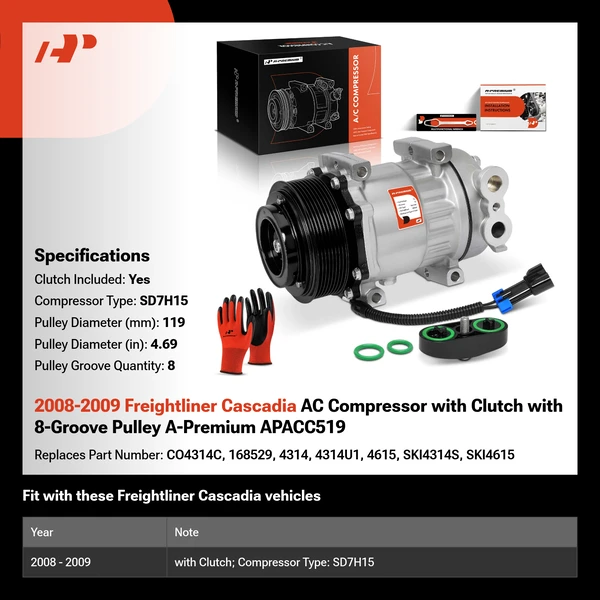 2008-2009 Freightliner Cascadia AC Compressor with Clutch with 8-Groove Pulley A-Premium APACC519