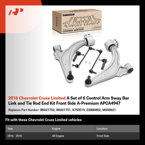 2016 Chevrolet Cruze Limited A Set of 6 Control Arm Sway Bar Link and Tie Rod End Kit Front Side A-Premium APCA4947