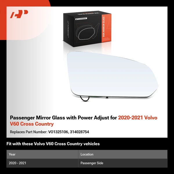 Passenger Mirror Glass with Power Adjust for 2020-2021 Volvo V60 Cross Country