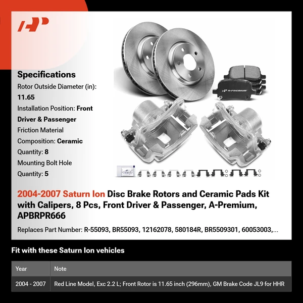 2004-2007 Saturn Ion Disc Brake Rotors and Ceramic Pads Kit with Calipers, 8 Pcs, Front Driver & Passenger, A-Premium, APBRPR666
