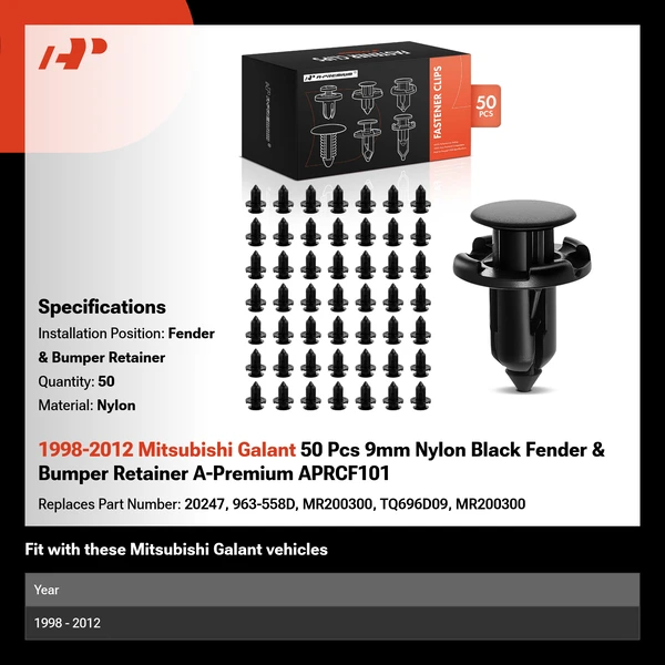 1998-2012 Mitsubishi Galant 50 Pcs 9mm Nylon Black Fender & Bumper Retainer A-Premium APRCF101
