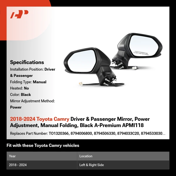 2018-2024 Toyota Camry Driver & Passenger Mirror, Power Adjustment, Manual Folding, Black A-Premium APMI118