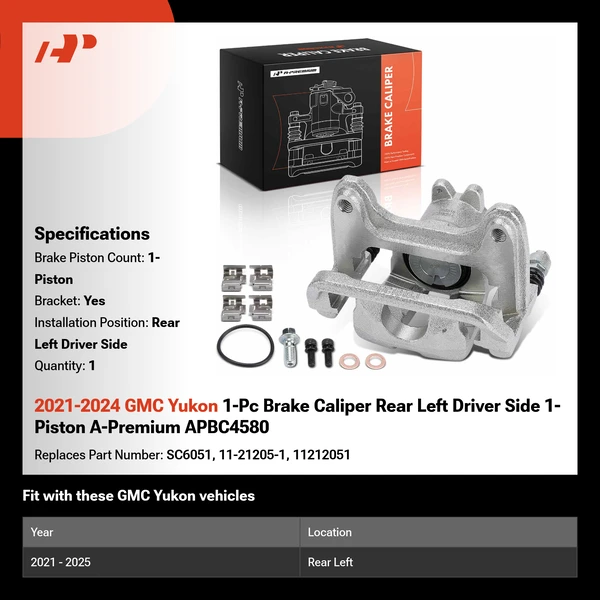 2021-2024 GMC Yukon 1-Pc Brake Caliper Rear Left Driver Side 1-Piston A-Premium APBC4580
