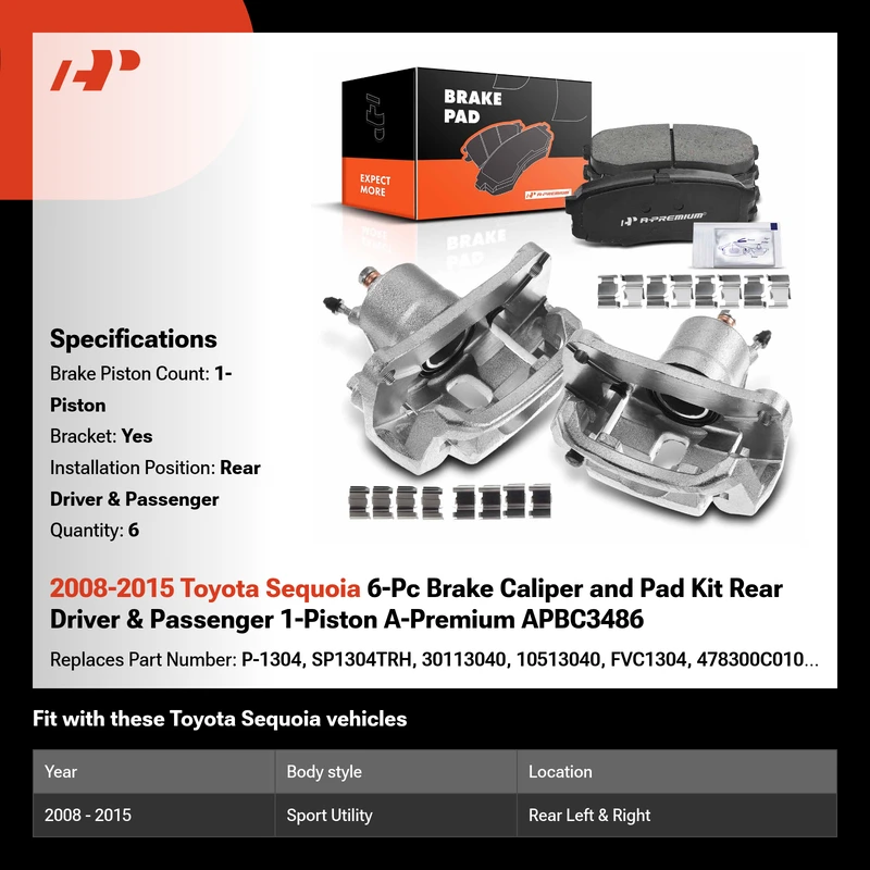 2008-2015 Toyota Sequoia 6-Pc Brake Caliper and Pad Kit Rear Driver & Passenger 1-Piston A-Premium APBC3486