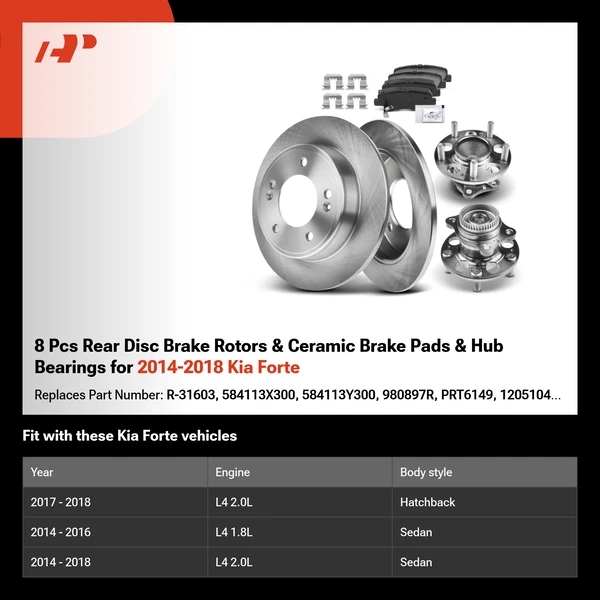 8 Pcs Rear Disc Brake Rotors & Ceramic Brake Pads & Hub Bearings for 2014-2018 Kia Forte