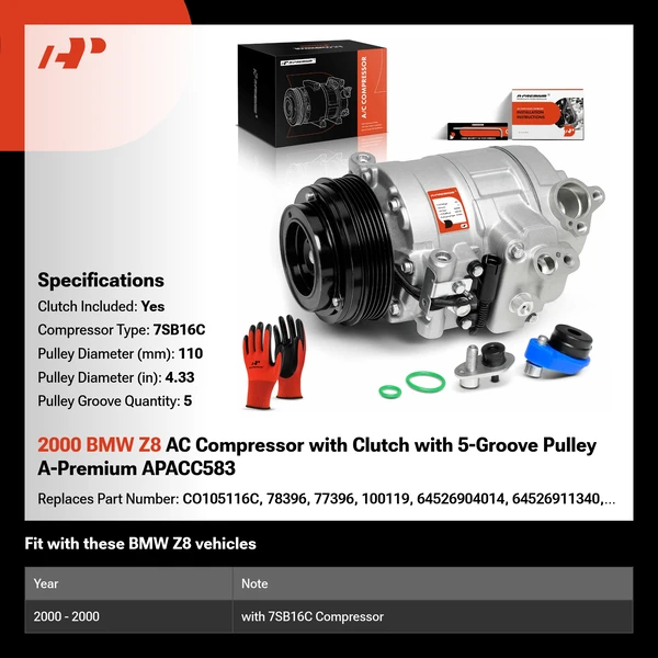 2000 BMW Z8 AC Compressor with Clutch with 5-Groove Pulley A-Premium APACC583