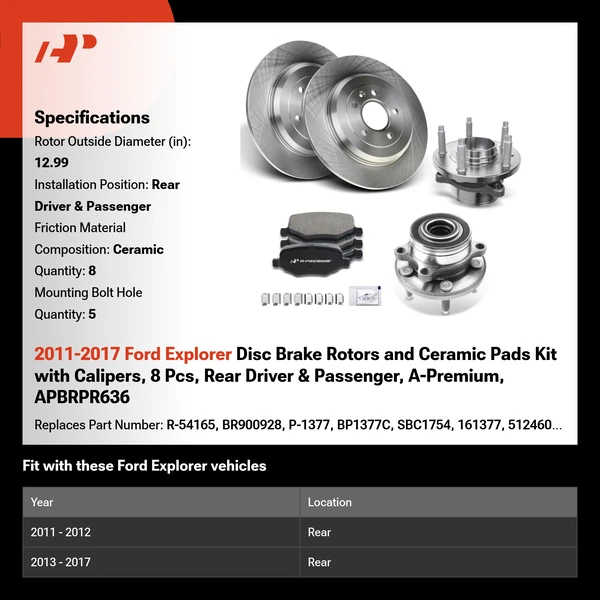 2011-2017 Ford Explorer Disc Brake Rotors and Ceramic Pads Kit with Calipers, 8 Pcs, Rear Driver & Passenger, A-Premium, APBRPR636