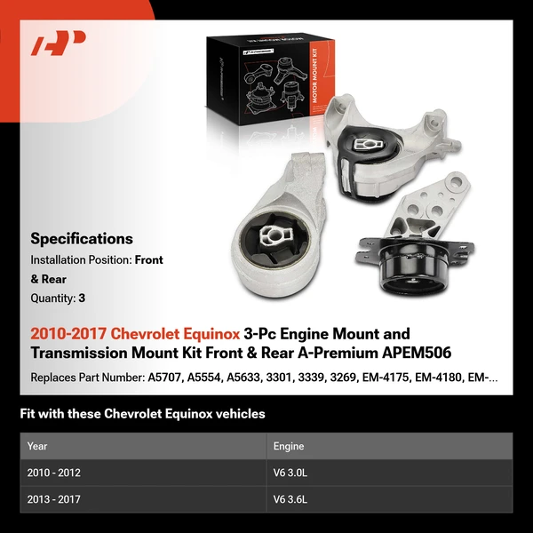 2010-2017 Chevrolet Equinox 3-Pc Engine Mount and Transmission Mount Kit Front & Rear A-Premium APEM506