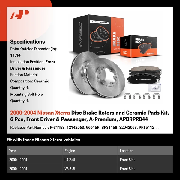 2000-2004 Nissan Xterra Disc Brake Rotors and Ceramic Pads Kit, 6 Pcs, Front Driver & Passenger, A-Premium, APBRPR844