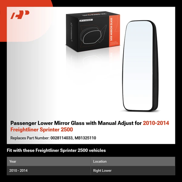 Passenger Lower Mirror Glass with Manual Adjust for 2010-2014 Freightliner Sprinter 2500