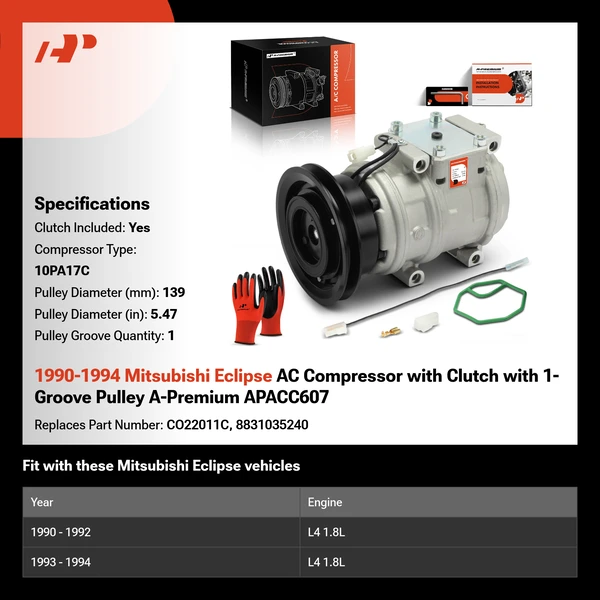 1990-1994 Mitsubishi Eclipse AC Compressor with Clutch with 1-Groove Pulley A-Premium APACC607