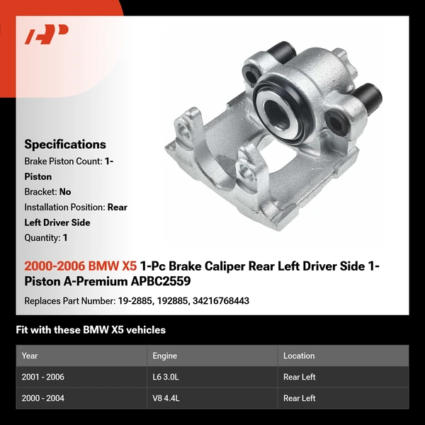 2000-2006 BMW X5 1-Pc Brake Caliper Rear Left Driver Side 1-Piston A-Premium APBC2559