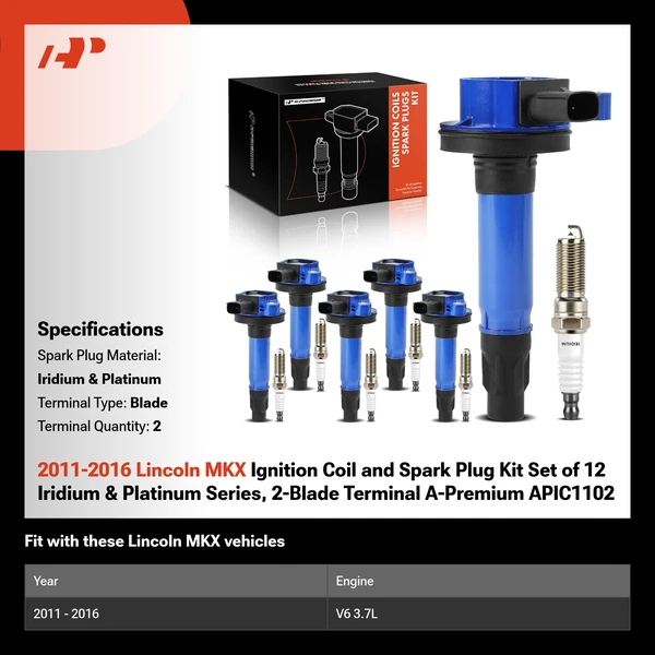 2011-2016 Lincoln MKX Ignition Coil and Spark Plug Kit Set of 12 Iridium & Platinum Series, 2-Blade Terminal A-Premium APIC1102