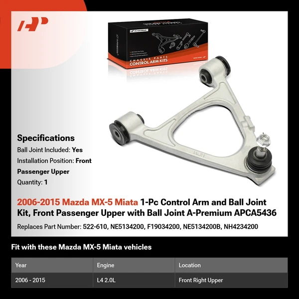 2006-2015 Mazda MX-5 Miata 1-Pc Control Arm and Ball Joint Kit, Front Passenger Upper with Ball Joint A-Premium APCA5436