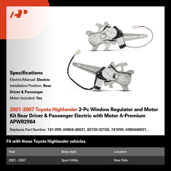 2001-2007 Toyota Highlander 2-Pc Window Regulator and Motor Kit Rear Driver & Passenger Electric with Motor A-Premium APWR2984