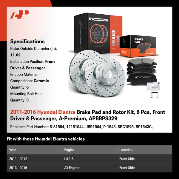 2011-2016 Hyundai Elantra Brake Pad and Rotor Kit, 6 Pcs, Front Driver & Passenger, A-Premium, APBRPS329