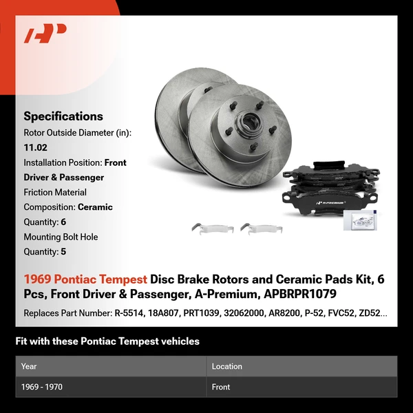 1969 Pontiac Tempest Disc Brake Rotors and Ceramic Pads Kit, 6 Pcs, Front Driver & Passenger, A-Premium, APBRPR1079