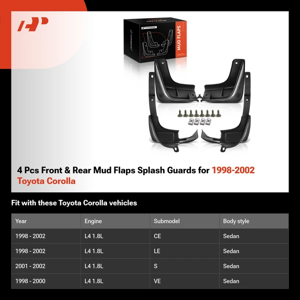 4 Pcs Front & Rear Mud Flaps Splash Guards for 1998-2002 Toyota Corolla