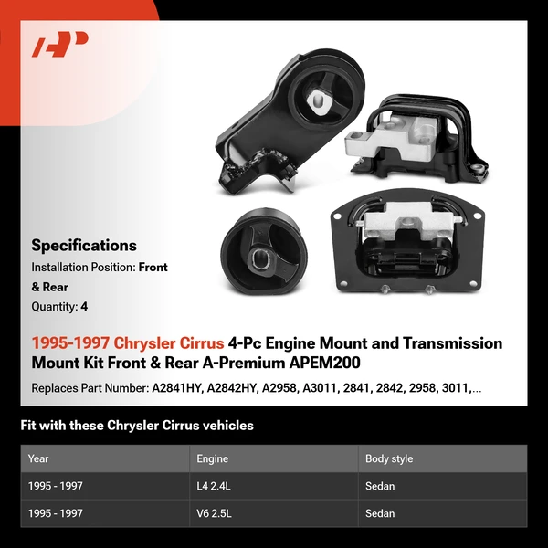 1995-1997 Chrysler Cirrus 4-Pc Engine Mount and Transmission Mount Kit Front & Rear A-Premium APEM200