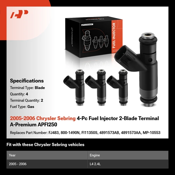 2005-2006 Chrysler Sebring 4-Pc Fuel Injector 2-Blade Terminal A-Premium APFI250