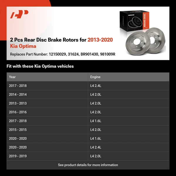 2 Pcs Rear Disc Brake Rotors for 2013-2020 Kia Optima