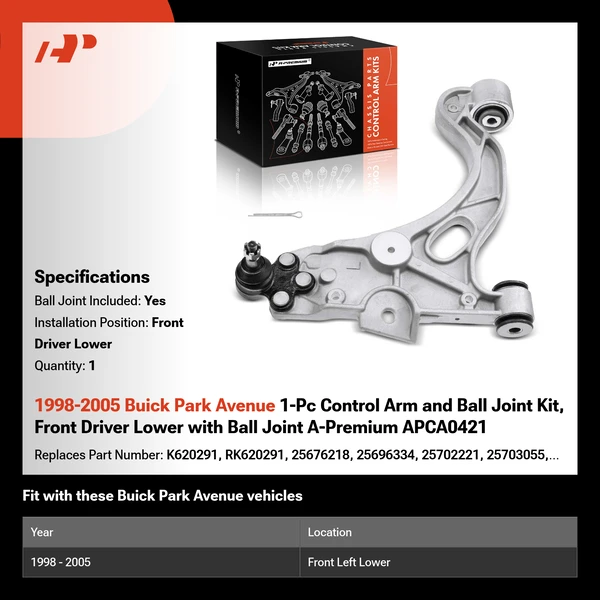 1998-2005 Buick Park Avenue 1-Pc Control Arm and Ball Joint Kit, Front Driver Lower with Ball Joint A-Premium APCA0421