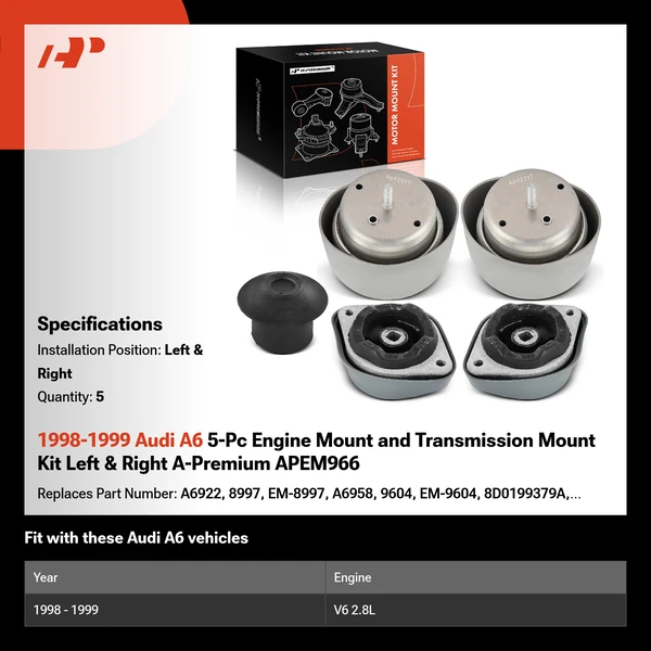 1998-1999 Audi A6 5-Pc Engine Mount and Transmission Mount Kit Left & Right A-Premium APEM966