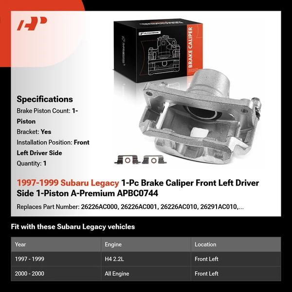 1997-1999 Subaru Legacy 1-Pc Brake Caliper Front Left Driver Side 1-Piston A-Premium APBC0744