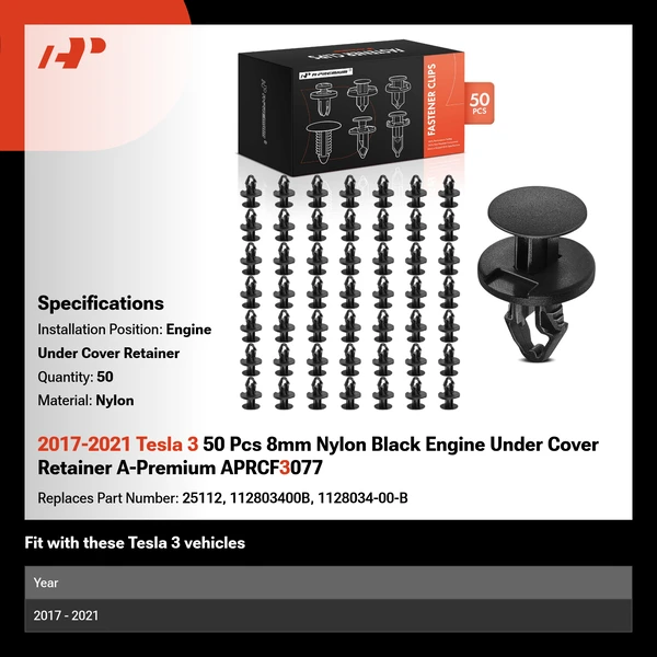 2017-2021 Tesla 3 50 Pcs 8mm Nylon Black Engine Under Cover Retainer A-Premium APRCF3077