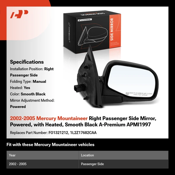 2002-2005 Mercury Mountaineer Right Passenger Side Mirror, Powered, with Heated, Smooth Black A-Premium APMI1997