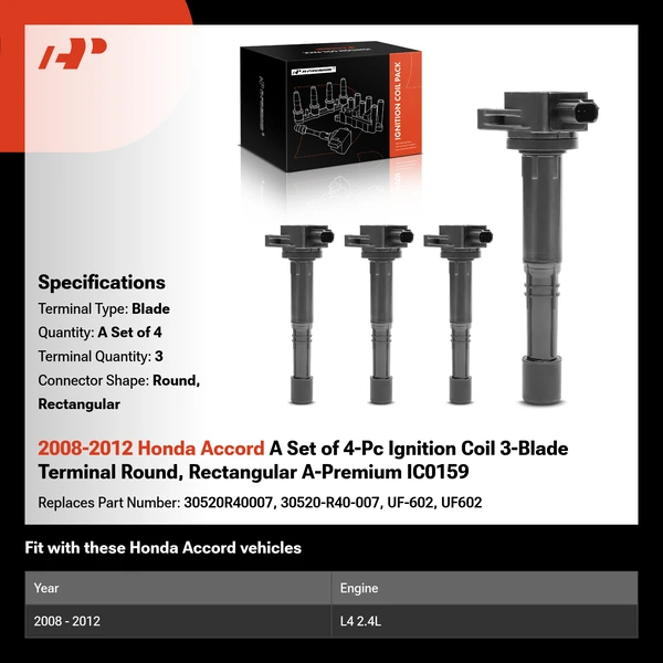 2008-2012 Honda Accord A Set of 4-Pc Ignition Coil 3-Blade Terminal Round, Rectangular A-Premium IC0159
