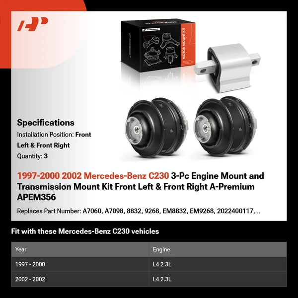 1997-2000 2002 Mercedes-Benz C230 3-Pc Engine Mount and Transmission Mount Kit Front Left & Front Right A-Premium APEM356