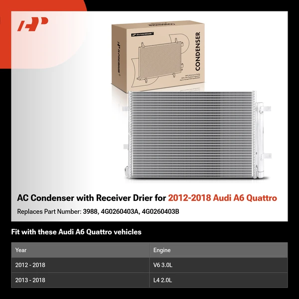 AC Condenser with Receiver Drier for 2012-2018 Audi A6 Quattro