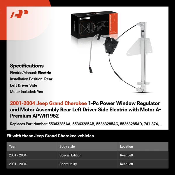 2001-2004 Jeep Grand Cherokee 1-Pc Power Window Regulator and Motor Assembly Rear Left Driver Side Electric with Motor A-Premium APWR1952