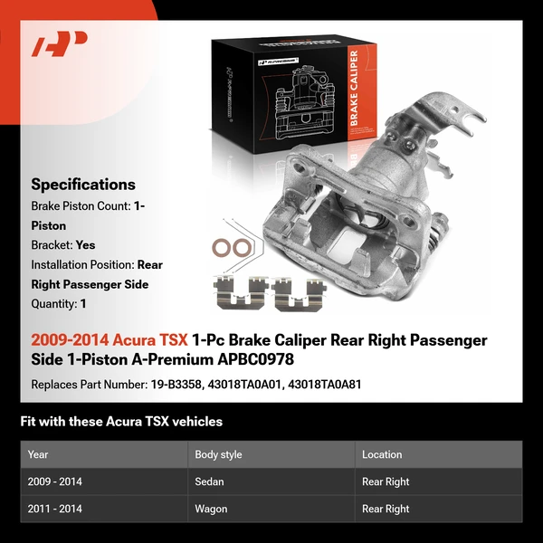 2009-2014 Acura TSX 1-Pc Brake Caliper Rear Right Passenger Side 1-Piston A-Premium APBC0978