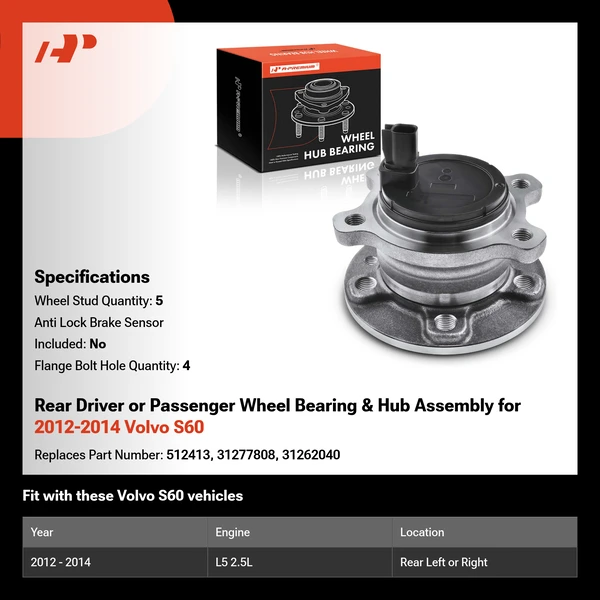 Rear Driver or Passenger Wheel Bearing & Hub Assembly for 2012-2014 Volvo S60