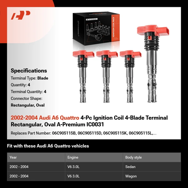 2002-2004 Audi A6 Quattro 4-Pc Ignition Coil 4-Blade Terminal Rectangular, Oval A-Premium IC0031