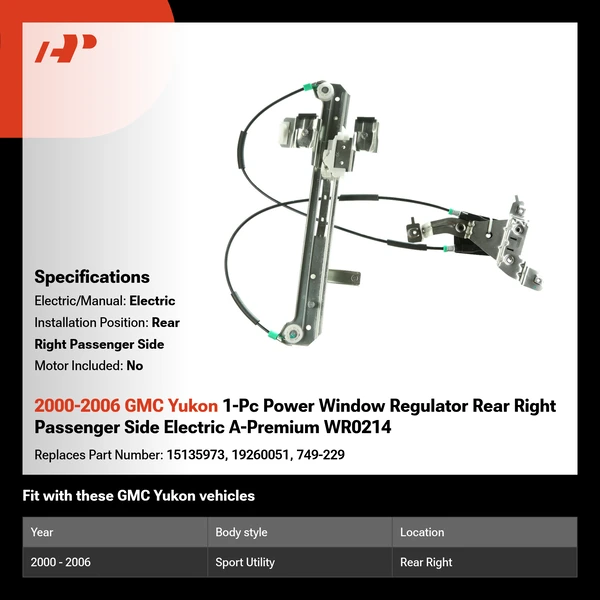 2000-2006 GMC Yukon 1-Pc Power Window Regulator Rear Right Passenger Side Electric A-Premium WR0214