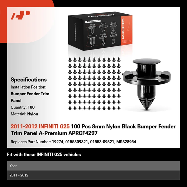 2011-2012 INFINITI G25 100 Pcs 8mm Nylon Black Bumper Fender Trim Panel A-Premium APRCF4297