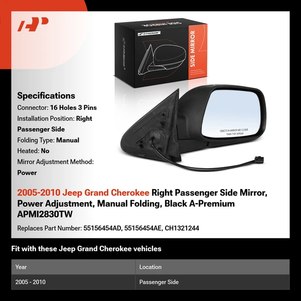 2005-2010 Jeep Grand Cherokee Right Passenger Side Mirror, Power Adjustment, Manual Folding, Black A-Premium APMI2830TW