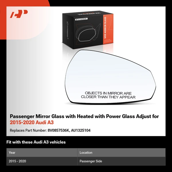 Passenger Mirror Glass with Heated with Power Glass Adjust for 2015-2020 Audi A3