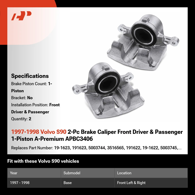 1997-1998 Volvo S90 2-Pc Brake Caliper Front Driver & Passenger 1-Piston A-Premium APBC3406