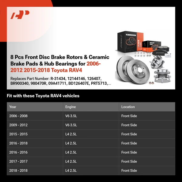8 Pcs Front Disc Brake Rotors & Ceramic Brake Pads & Hub Bearings for 2006-2012 2015-2018 Toyota RAV4