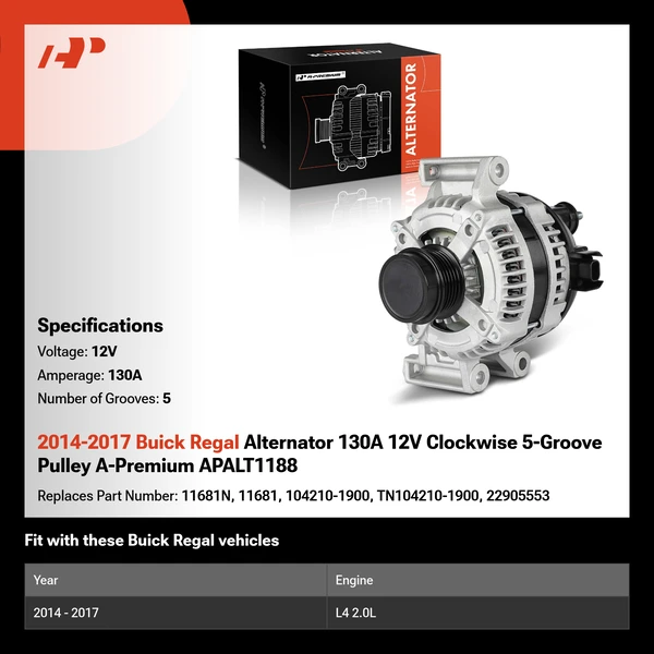 2014-2017 Buick Regal Alternator 130A 12V Clockwise 5-Groove Pulley A-Premium APALT1188
